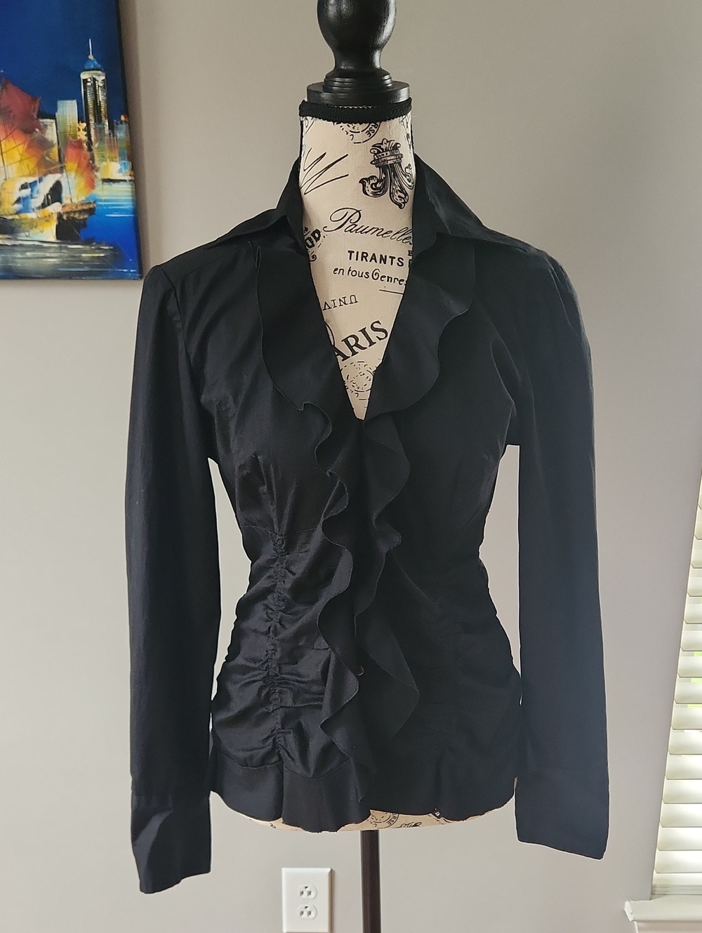 Ann Taylor Black Ruffle-Front Blouse